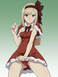 Rule 34 | 1girl, blonde hair, blunt bangs, blush, breasts, capelet, cleavage, commentary request, cowboy shot, dress, dress tug, fate (series), fur-trimmed capelet, fur-trimmed dress, fur trim, gluteal fold, gradient background, green background, hand up, highres, legs apart, long hair, lord el-melloi ii case files, medium breasts, nomanota, panties, red dress, red panties, reines el-melloi archisorte, smile, solo, underwear