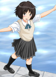 Rule 34 | 1girl, amagami, brown eyes, brown hair, highres, keisuke (0320030103200301), open mouth, outstretched arms, pleated skirt, school uniform, short hair, skirt, smile, solo, sweater vest, tachibana miya