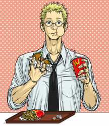 Rule 34 | 1boy, adam&#039;s apple, black necktie, blonde hair, burger, claptrack, cup, disposable cup, dorohedoro, drinking straw, eating, food, food on face, french fries, glasses, grey eyes, holding, holding burger, holding food, looking at viewer, male focus, necktie, polka dot, polka dot background, shin (dorohedoro), shirt, short hair, simple background, solo, stitches, tray, upper body, white shirt