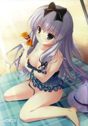 Rule 34 | 1girl, absurdres, bare shoulders, barefoot, beach umbrella, black eyes, bow, braid, breast hold, breasts, crown braid, from above, from side, hair bow, hat, highres, holding, long hair, looking at viewer, looking up, lotion, mikeou, nipples, original, plaid, polka dot, purple hair, sand, scan, shiny skin, sitting, smile, solo, sun hat, sunlight, sunscreen, swimsuit, towel, umbrella, wariza