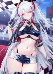 Rule 34 | 1girl, absurdres, age fx, ahoge, azur lane, black gloves, breasts, checkered flag, closed mouth, commentary request, contrapposto, crop top, cropped jacket, flag, flagpole, gloves, gluteal fold, grey hair, highleg, highleg panties, highres, iron blood (emblem), long hair, looking at viewer, medium breasts, miniskirt, navel, official alternate costume, orange eyes, panties, prinz eugen (azur lane), prinz eugen (final lap) (azur lane), race queen, skirt, smile, solo, stomach, straight-on, thigh gap, thighhighs, thighs, two side up, underboob, underwear, very long hair, yellow eyes
