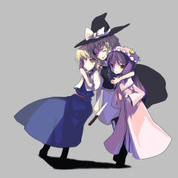 Rule 34 | 3girls, alice margatroid, arm around neck, blonde hair, bow, braid, broom, broom riding, closed eyes, dress, female focus, grey background, group hug, hairband, hat, hug, kirisame marisa, mob cap, multiple girls, obscur, patchouli knowledge, purple hair, red eyes, shadow, simple background, single braid, smile, striped clothes, striped dress, touhou, witch, witch hat, yellow eyes