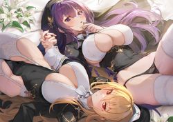 Rule 34 | 2girls, bed, bed sheet, black dress, black panties, blonde hair, blush, breasts, cleavage, collared dress, commentary, covered navel, dress, english commentary, f.k (hs225kr), flower, hair ornament, highres, holding hands, large breasts, long hair, looking at viewer, lying, multiple girls, nun, on back, original, panties, parted lips, purple eyes, purple hair, red eyes, symbol-only commentary, thighhighs, underwear, white flower, white legwear