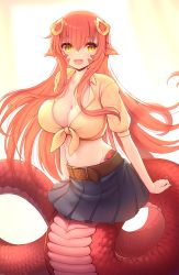 Rule 34 | 1girl, :d, belt, black skirt, breasts, brown belt, cleavage, collarbone, commentary, crunchobar, fangs, groin, hair between eyes, hair ornament, hairclip, highres, lamia, large breasts, long hair, looking at viewer, midriff, miia (monster musume), monster girl, monster musume no iru nichijou, navel, open mouth, pleated skirt, pointy ears, red hair, scales, shirt, short sleeves, sidelocks, skirt, slit pupils, smile, solo, standing, tail, tied shirt, yellow eyes, yellow shirt