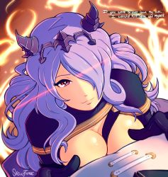 Rule 34 | 1girl, breasts, camilla (fire emblem), cleavage, fire emblem, fire emblem fates, hair over one eye, hairband, heart, heart-shaped pupils, large breasts, long hair, nintendo, pov, purple hair, red eyes, skellytune, solo, symbol-shaped pupils