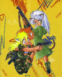 Rule 34 | 2girls, animal ears, belt, camouflage, cat ears, cat tail, cocked hammer, fatigues, gun, handgun, holster, looking at viewer, looking to the side, m1911, military, multiple girls, pistol, pump action, semi-automatic firearm, shotgun, tail, thigh holster, uniform, weapon, winchester model 1897