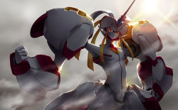 Rule 34 | 1girl, breasts, clenched hand, darling in the franxx, gio tengco, hand on own hip, highres, horns, leaning back, looking at viewer, looking down, mecha, no humans, red eyes, robot, science fiction, single horn, small breasts, solo, strelizia, sunlight