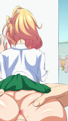 Rule 34 | 1girl, against wall, anus, ass, ass grab, bench, bent over, blonde hair, bottomless, clothes lift, from behind, green skirt, hajimete no gal, high ponytail, highres, implied sex, long hair, no panties, okojo no machi, out of frame, outdoors, ponytail, pov, public indecency, school uniform, sex, shirt, sitting, skirt, skirt lift, solo focus, spread anus, standing, uncensored, vaginal, wall, white shirt, yame yukana
