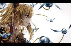 Rule 34 | 1girl, blonde hair, commentary, dress, evil smile, from side, granblue fantasy, grey background, hair between eyes, letterboxed, long hair, parted lips, profile, red dress, red eyes, sanmoto gorouzaemon, sideways mouth, smile, smirk, solo, twintails, upper body, vira (granblue fantasy)