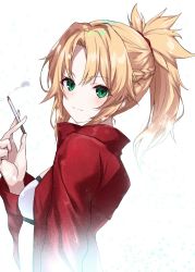 Rule 34 | 1girl, absurdres, blonde hair, blush, braid, breasts, cigarette, commentary request, crop top, fate (series), from side, green eyes, hair ornament, hair scrunchie, highres, holding, holding cigarette, jacket, looking at viewer, medium hair, mordred (fate), mordred (fate/apocrypha), mordred (memories at trifas) (fate), na-code (gurich), ponytail, red jacket, red scrunchie, scrunchie, simple background, small breasts, smile, solo, upper body, white background