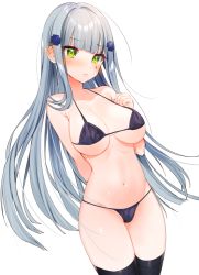 Rule 34 | 1girl, arm behind back, armpit crease, bare arms, bare shoulders, bikini, black bikini, black thighhighs, breasts, collarbone, cowboy shot, facial mark, girls&#039; frontline, green eyes, hair ornament, halterneck, hand up, hk416 (girls&#039; frontline), large breasts, long hair, looking at viewer, manya drhr, navel, sidelocks, silver hair, simple background, solo, standing, stomach, string bikini, swimsuit, thighhighs, thighs, white background