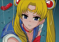 Rule 34 | 1girl, bishoujo senshi sailor moon, blonde hair, blue eyes, blue sailor collar, blush, breasts, choker, cleavage, collarbone, commentary request, crescent, crescent earrings, derivative work, dildo, double bun, earrings, heart, heart-shaped pupils, jewelry, long hair, magical girl, meme, nose blush, sailor collar, sailor moon, sailor moon redraw challenge (meme), sailor senshi, sailor senshi uniform, saliva, screenshot redraw, sex toy, solo, symbol-shaped pupils, toda kazuki, tsukino usagi, twintails, upper body