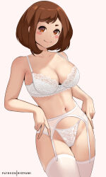 Rule 34 | 1girl, absurdres, blush, boku no hero academia, bra, breasts, brown eyes, brown hair, cleavage, closed mouth, collarbone, commentary, english commentary, garter belt, garter straps, highres, hioyami, large breasts, lingerie, looking at viewer, navel, panties, patreon username, short hair, simple background, smile, solo, thick eyebrows, thighhighs, thighs, underwear, underwear only, uraraka ochako, white bra, white garter belt, white garter straps, white panties, white thighhighs