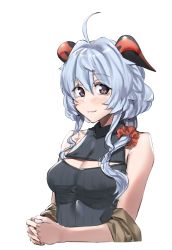 Rule 34 | 1girl, ahoge, bare shoulders, blue hair, blush, breasts, cleavage cutout, clothing cutout, ganyu (genshin impact), genshin impact, horns, long hair, looking at viewer, medium breasts, meme attire, off shoulder, open-chest sweater, own hands clasped, own hands together, peagunz, purple eyes, sidelocks, smile, solo, sweater, upper body, white background