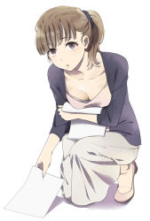 Rule 34 | 1girl, :o, black jacket, blunt bangs, bra, breasts, cleavage, collarbone, downblouse, full body, hair ornament, hair scrunchie, holding, holding paper, jacket, kneeling, long skirt, long sleeves, mattaku mousuke, no legwear, office lady, on one knee, open clothes, open jacket, open mouth, original, paper, pink footwear, ponytail, purple eyes, scrunchie, shoes, short hair, simple background, skirt, solo, underwear, white background, white skirt