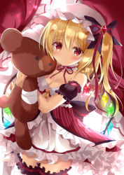 Rule 34 | 1girl, adapted costume, babydoll, backlighting, bandages, bare shoulders, black bow, blush, bow, breasts, bridal garter, cleavage, closed mouth, collarbone, commentary request, crystal, curtains, detached sleeves, dutch angle, flandre scarlet, frilled hat, frills, gem, glint, hair between eyes, hair bow, hair ribbon, hat, holding, holding stuffed toy, indoors, large bow, long hair, looking at viewer, medium breasts, mob cap, neck garter, neck ribbon, one side up, puffy short sleeves, puffy sleeves, red ribbon, ribbon, short sleeves, smile, solo, sparkle, striped, stuffed animal, stuffed toy, teddy bear, tenshi china, touhou, vertical stripes, white hat, wings