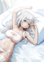 Rule 34 | 1girl, ;), absurdres, animal ears, arm up, artist name, bed, blue eyes, bow, bow panties, bra, breasts, cat cutout, cat ears, cat girl, cat lingerie, chucolala, clothing cutout, collarbone, ctrl+z, dated, garter straps, hair between eyes, highres, large breasts, long hair, looking at viewer, lying, meme attire, multi-strapped panties, on back, on bed, one eye closed, panties, pillow, shirayuki aria, smile, solo, spaghetti strap, strap slip, thighhighs, underwear, virtual youtuber, white bra, white hair, white panties, white thighhighs
