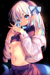 Rule 34 | 1girl, absurdres, alternate costume, alternate hairstyle, bare shoulders, black background, blue bow, blue eyes, blue hair, bow, breasts, bustier, cardigan, crop top, fins, fish tail, gawr gura, hair bow, hairband, highres, hololive, hololive english, interlocked fingers, light blue hair, long hair, looking at viewer, mask, mask pull, mouth mask, multicolored hair, navel, open cardigan, open clothes, own hands together, pleated skirt, purple hairband, purple mask, purple shirt, purple skirt, shark girl, shark tail, shirt, skirt, small breasts, solo, stomach, streaked hair, tail, the0neulost, turtleneck, virtual youtuber, white cardigan