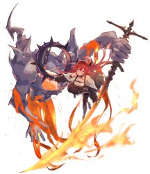 Rule 34 | 1girl, :3, absurdres, arknights, black dress, demon girl, demon horns, dress, floating, highres, holding, holding weapon, horns, lava, looking at viewer, mage (mage 7me), purple eyes, red hair, surtr (arknights), sword, thighhighs, weapon