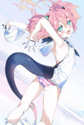Rule 34 | 1girl, :d, ahoge, armpits, ass, back, blue archive, blue eyes, blush, commentary, covered erect nipples, fang, flat chest, gloves, highres, horns, looking at viewer, momoka (blue archive), niko (tama), open mouth, panties, pink hair, smile, solo, striped clothes, striped panties, tail, twintails, underwear, white gloves