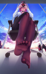 Rule 34 | 1girl, absurdres, black choker, black footwear, black skirt, blush, breasts, chair, chinese commentary, choker, cleavage, collared shirt, commentary request, dawn, earrings, foot up, from below, high heels, highres, holding, holding phone, honkai: star rail, honkai (series), indoors, jewelry, kafka (honkai: star rail), large breasts, long hair, looking at viewer, mimuxiao, no shoes, office chair, office lady, pantyhose, phone, purple eyes, purple hair, purple pantyhose, shirt, sitting, skirt, smile, solo, sweatdrop, swivel chair, toes, unworn footwear, white shirt