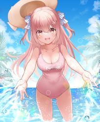 Rule 34 | 1girl, bare arms, bare shoulders, blue sky, bow, breasts, brown hat, cleavage, cloud, collarbone, commentary request, copyright request, day, gluteal fold, hair bow, hat, highres, horizon, large breasts, long hair, mashiro aa, ocean, old school swimsuit, one-piece swimsuit, outdoors, palm tree, pink hair, pink one-piece swimsuit, plaid, plaid bow, rainbow, school swimsuit, sky, solo, standing, swimsuit, tree, two side up, unworn hat, unworn headwear, very long hair, virtual youtuber, water, water drop, white bow