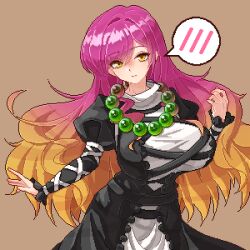 Rule 34 | 1girl, bead necklace, beads, black dress, blonde hair, breasts, brown background, chinese commentary, closed mouth, commentary request, dress, eaglov, gradient hair, highres, hijiri byakuren, huge breasts, jewelry, juliet sleeves, long hair, long sleeves, looking at viewer, multicolored hair, necklace, pixel art, puffy sleeves, purple hair, simple background, spoken blush, touhou, white dress, yellow eyes