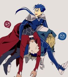 Rule 34 | 1girl, 2boys, archer (fate), artoria pendragon (all), artoria pendragon (fate), blonde hair, blue hair, carrying, carrying under arm, commentary request, cu chulainn (fate), cu chulainn (fate/stay night), dark-skinned male, dark skin, fang, fate/stay night, fate (series), gauntlets, hair bun, hirarego, long sleeves, looking back, multiple boys, open mouth, ponytail, red eyes, saber (fate), short hair, single hair bun, spoken skull, sweat, tan background, white hair