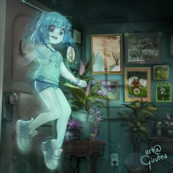 Rule 34 | 1girl, bike shorts, child, electrical outlet, floating, freckles, ghost, girutea, glowing, hair bobbles, hair ornament, hairclip, indie virtual youtuber, indoors, light particles, lily hopkins, open mouth, painting (object), plant, potted plant, shoes, spooky&#039;s house of jump scares, spooky (shojs), table, vase, virtual youtuber