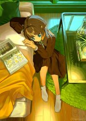 1girl blue_eyes book brown_hair brown_serafuku brown_shirt brown_skirt couch from_above glass_table highres indoors kagenoyuhi leaning long_hair long_sleeves no_shoes on_floor open_book original pleated_skirt rug sailor_collar school_uniform serafuku shirt sitting skirt socks solo table twitter_username white_sailor_collar white_socks wooden_floor