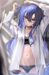Rule 34 | 1girl, black bra, black panties, blue archive, blue eyes, blue hair, bra, breasts, cleavage, collared shirt, expressionless, hair between eyes, hair brush, hair tie, halo, highres, long hair, mirror, mv pxn, navel, no pants, open clothes, open shirt, panties, reflection, shirt, small breasts, solo, tying hair, underwear, upper body, white shirt, yuuka (blue archive)