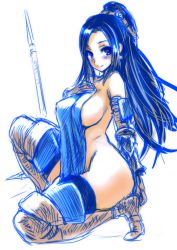 Rule 34 | 1girl, black hair, blush, boots, breasts, covered erect nipples, covering privates, detached sleeves, full body, gauntlets, highres, large breasts, long hair, looking at viewer, mitarashi kousei, nearly naked towel, on one knee, ponytail, radiant historia, raynie, sideboob, simple background, sketch, smile, solo, thigh boots, thighhighs, towel, white background