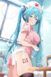 Rule 34 | absurdres, aqua eyes, aqua hair, artist name, asami-chan, ass, black thighhighs, breasts, cleavage, hat, hatsune miku, highres, indoors, large breasts, long hair, nurse cap, thighhighs, thighs, twintails, vocaloid