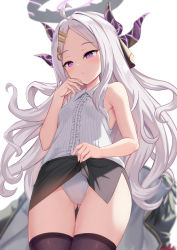 Rule 34 | 1girl, bare shoulders, black skirt, black thighhighs, blue archive, blush, breasts, collared shirt, forehead, gluteal fold, hair ornament, hairclip, halo, highres, hina (blue archive), horns, long hair, looking at viewer, milkshakework, miniskirt, multiple horns, parted bangs, purple eyes, purple horns, shirt, skirt, sleeveless, sleeveless shirt, small breasts, solo, thighhighs, thighs, white hair, white shirt