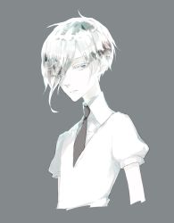 Rule 34 | 1other, androgynous, antarcticite, bad id, bad pixiv id, blue eyes, colored eyelashes, colored skin, crystal hair, expressionless, eyes visible through hair, gem uniform (houseki no kuni), grey background, hair over one eye, houseki no kuni, long bangs, looking at viewer, necktie, s06y02, short hair, solo, upper body, white hair, white skin