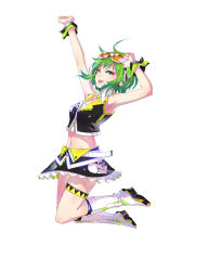 Rule 34 | 1girl, ahoge, armpits, boots, female focus, goggles, goggles on head, green eyes, green hair, gumi, headset, highres, looking at viewer, matching hair/eyes, monq, navel, one eye closed, open mouth, short hair, simple background, smile, solo, thigh strap, vocaloid, wink
