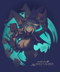 Rule 34 | 1girl, 2019, adapted costume, adapted weapon, ahoge, alternate color, black gloves, blue eyes, blush stickers, book, breasts, cleavage, cleavage cutout, clothing cutout, clover, commission, elphelt valentine, english text, four-leaf clover, gloves, grin, guilty gear, guilty gear xrd, gun, halloween, handgun, hat, hat ornament, highleg, highres, huge ahoge, large breasts, looking at viewer, partially fingerless gloves, short hair, signature, silver hair, smile, solo, weapon, witch hat, zhvo
