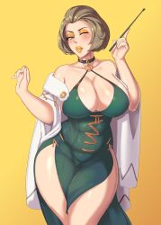 Rule 34 | 1girl, abs, absurdres, bare shoulders, black choker, blush, breasts, brown eyes, brown hair, choker, cleavage, coat, dress, eyeliner, eyeshadow, female focus, fire emblem, fire emblem: three houses, fur coat, green dress, highres, huge breasts, intelligent systems, linkxs, lips, lipstick, makeup, manuela casagranda, mole, mole under eye, nintendo, o-ring, one eye closed, orange eyeshadow, orange lips, riding crop, shiny clothes, shiny skin, short hair, sideboob, solo, teeth, thick thighs, thighs, whip, white coat, wide hips, wink, yellow background