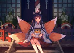 Rule 34 | 1girl, animal ear fluff, animal ears, architecture, bare legs, black hair, blunt bangs, closed mouth, east asian architecture, food, fox ears, fox girl, fox tail, fruit, highres, japanese clothes, kimono, long hair, long sleeves, looking at viewer, miko, multiple tails, orange (fruit), original, red eyes, shrine, sitting, smile, solo, sunset, tail, tail raised, wide sleeves, yasumo (kuusouorbital)