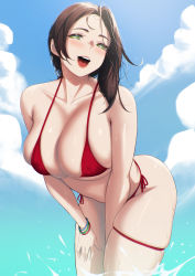 Rule 34 | 1girl, bare shoulders, bikini, blueorca, blush, breasts, brown hair, cleavage, collarbone, highres, large breasts, looking at viewer, navel, open mouth, original, parted bangs, red bikini, short hair, skindentation, smile, solo, swimsuit, thighs