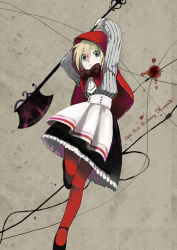 Rule 34 | 1girl, apron, axe, bad id, bad pixiv id, black footwear, blonde hair, blood, bow, cape, full body, green eyes, grimm&#039;s fairy tales, hood, kotetsu (popeethe), little red riding hood, little red riding hood (grimm), mary janes, pantyhose, pinstripe pattern, red cape, red pantyhose, ribbon, running, shoes, short hair, solo, striped, weapon