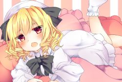 Rule 34 | 1girl, bad id, bad twitter id, black bow, black bowtie, blonde hair, blush, bow, bowtie, brown eyes, chestnut mouth, dress, drill hair, hat, highres, karasusou nano, looking at viewer, luna child, lying, no shoes, on back, open mouth, pillow, short hair, socks, solo, striped, striped background, touhou, vertical stripes, white dress, white socks