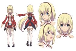 1girl black_footwear blonde_hair blue_eyes character_sheet detached_sleeves grimms_notes grimms_notes_the_animation kawashima_hisashi multiple_views official_art open_mouth outstretched_arm reina_(grimms_notes) serious simple_background solo white_background