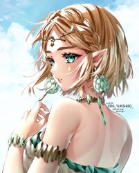 Rule 34 | 1girl, armlet, backless dress, backless outfit, bare shoulders, blonde hair, bracelet, braid, crown braid, dress, earrings, facial mark, green eyes, hair ornament, jewelry, kira yukishiro, large earrings, looking to the side, nintendo, ornate clothes, parted bangs, parted lips, pointy ears, princess zelda, short hair, sidelocks, solo, teardrop facial mark, the legend of zelda, the legend of zelda: tears of the kingdom, thick eyebrows, white dress