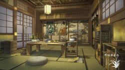 Rule 34 | architecture, bonsai, book, candle, ceiling light, cushion, east asian architecture, highres, indoors, katana, no humans, open book, original, painting (object), scenery, sword, table, weapon, xingzhi lv