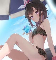 Rule 34 | 1girl, bikini, black bikini, black hair, blue archive, blurry, blurry background, blush, bow, breasts, brown hair, closed mouth, cloud, commentary request, day, hairband, halo, highres, mashiro (blue archive), mashiro (swimsuit) (blue archive), minase yuki, navel, outdoors, purple eyes, short hair, sitting, small breasts, smile, solo, swimsuit, thighs, white bow, white hairband, winged halo