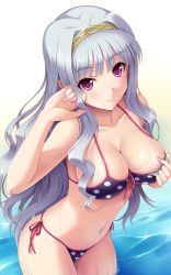 Rule 34 | 1girl, adjusting hair, bikini, bikini pull, blush, breasts, cleavage, clothes pull, cygnus (cygnus7), fingernails, front-tie top, hairband, highres, idolmaster, idolmaster (classic), large breasts, light smile, lips, long hair, md5 mismatch, nail polish, navel, polka dot, pulling own clothes, purple eyes, resolution mismatch, revision, shijou takane, side-tie bikini bottom, silver hair, solo, source smaller, swimsuit, tan, tanline, wading, water