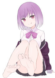 Rule 34 | 10s, 1girl, :q, bad id, bad pixiv id, bare legs, barefoot, black skirt, bow, closed mouth, collared shirt, commentary request, convenient leg, coraman, dress shirt, feet, full body, gridman universe, head tilt, highres, jacket, legs, long sleeves, miniskirt, off shoulder, pleated skirt, purple bow, purple hair, purple jacket, red eyes, shinjou akane, shirt, short hair, simple background, skirt, sleeves past wrists, smile, soles, solo, ssss.gridman, tongue, tongue out, white background, white shirt