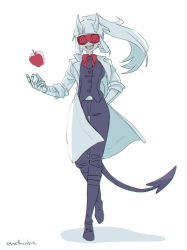 Rule 34 | 1girl, :d, apple, black neckwear, black pants, black vest, bow, bowtie, breasts, coat, collared shirt, commentary, demon girl, demon tail, english commentary, food, formal, fruit, full body, glasses, gloves, goggles, hand in pocket, helltaker, highres, horns, lab coat, long hair, long sleeves, loremaster (helltaker), necktie, noah (tettsui-sole), open clothes, open coat, open mouth, pale skin, pants, ponytail, red-tinted eyewear, red-tinted glasses, red apple, red goggles, red shirt, revision, shirt, simple background, smile, solo, suit, sunglasses, tail, teeth, tinted eyewear, twitter username, upper teeth only, vest, visor, walking, white background, white coat, white hair, white horns