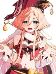 Rule 34 | 1girl, antlers, bare shoulders, black bra, blush, bow, bow skirt, bra, breasts, cleavage, coin hat ornament, crop top, detached sleeves, dutch angle, genshin impact, green eyes, hair between eyes, hands in own hair, hands up, highres, horns, long hair, long sleeves, looking at viewer, midriff, navel, open mouth, pink hair, pom pom (clothes), red headwear, small breasts, solo, sweat, tofu (0tohuuuu), underwear, upper body, wavy mouth, white background, white sleeves, yanfei (genshin impact), yellow bow